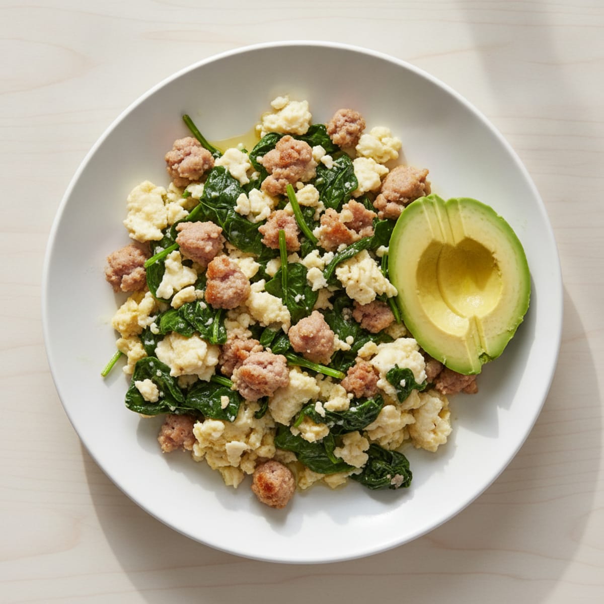 Egg White Scramble with Turkey Sausage and Sautéed Spinach