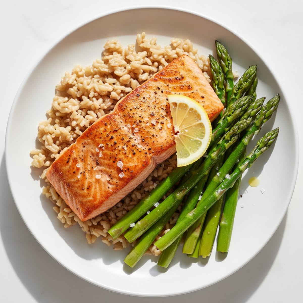 Seared Salmon Fillet with Steamed Asparagus and Brown Rice