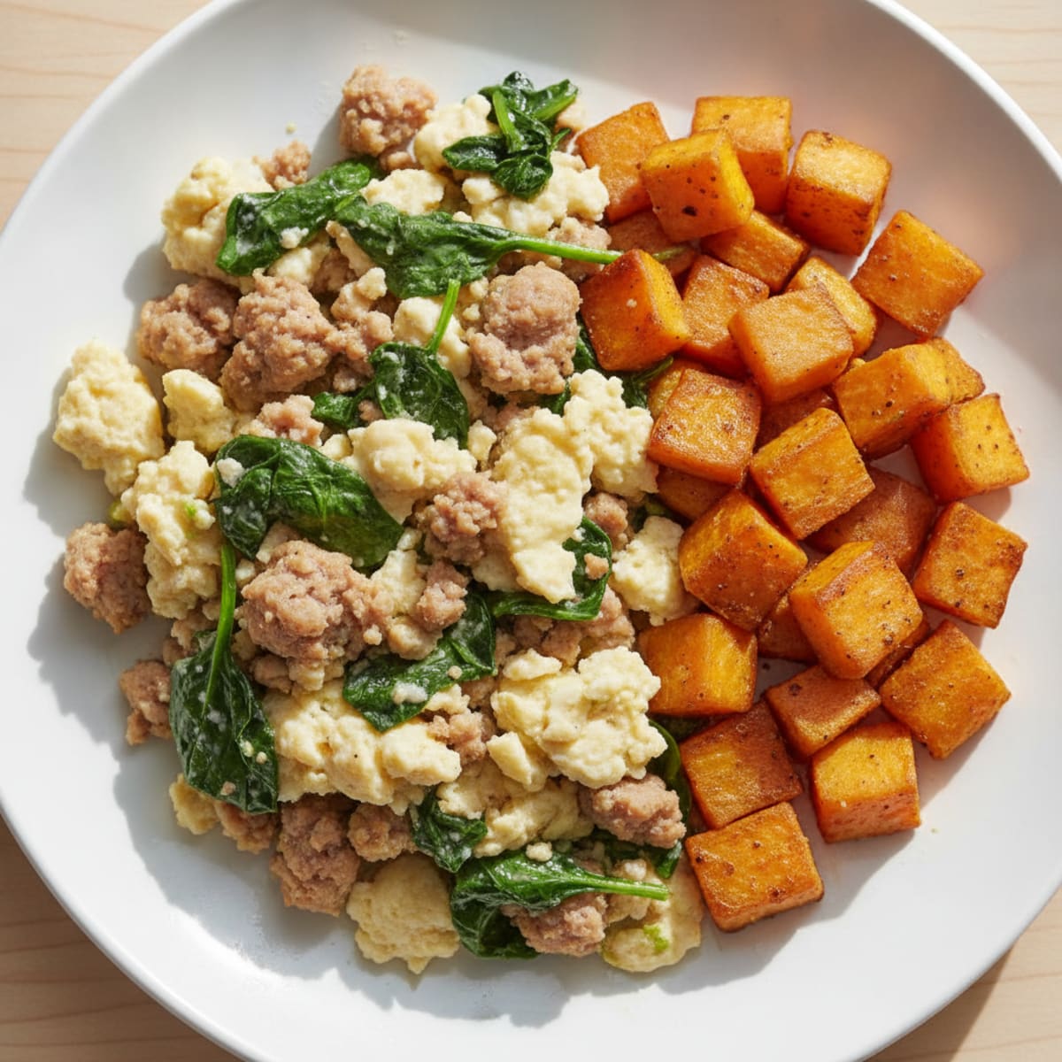 Egg White and Turkey Sausage Scramble with Spinach and Roasted Sweet Potatoes