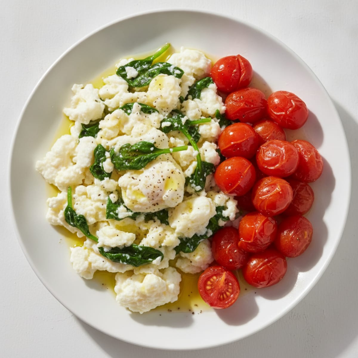 Fluffy Egg White and Spinach Scramble with Roasted Tomatoes