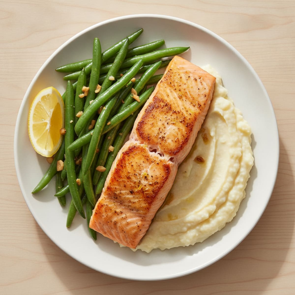 Seared Salmon Fillet with Garlic Green Beans and Cauliflower Mash
