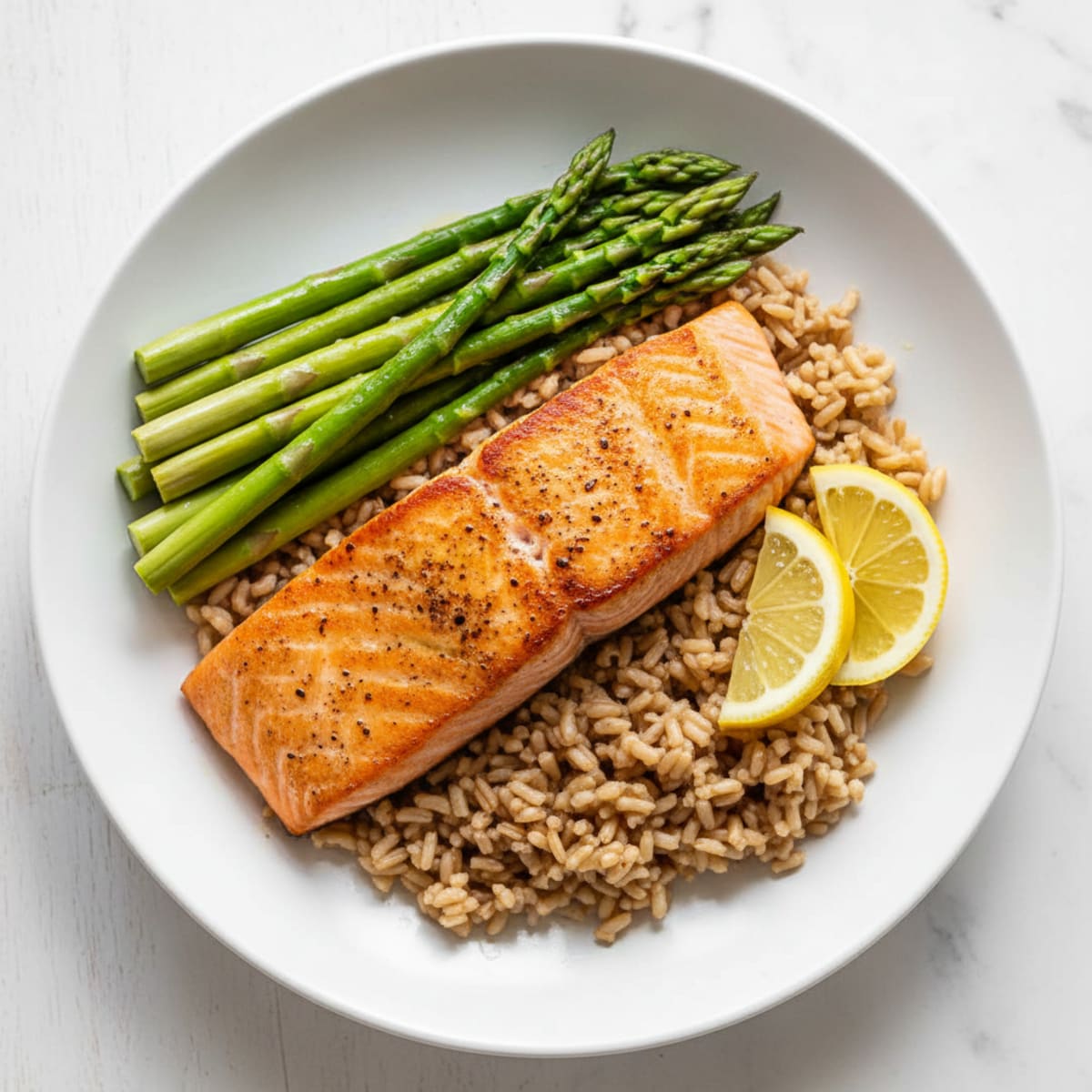 Seared Salmon with Steamed Asparagus and Brown Rice