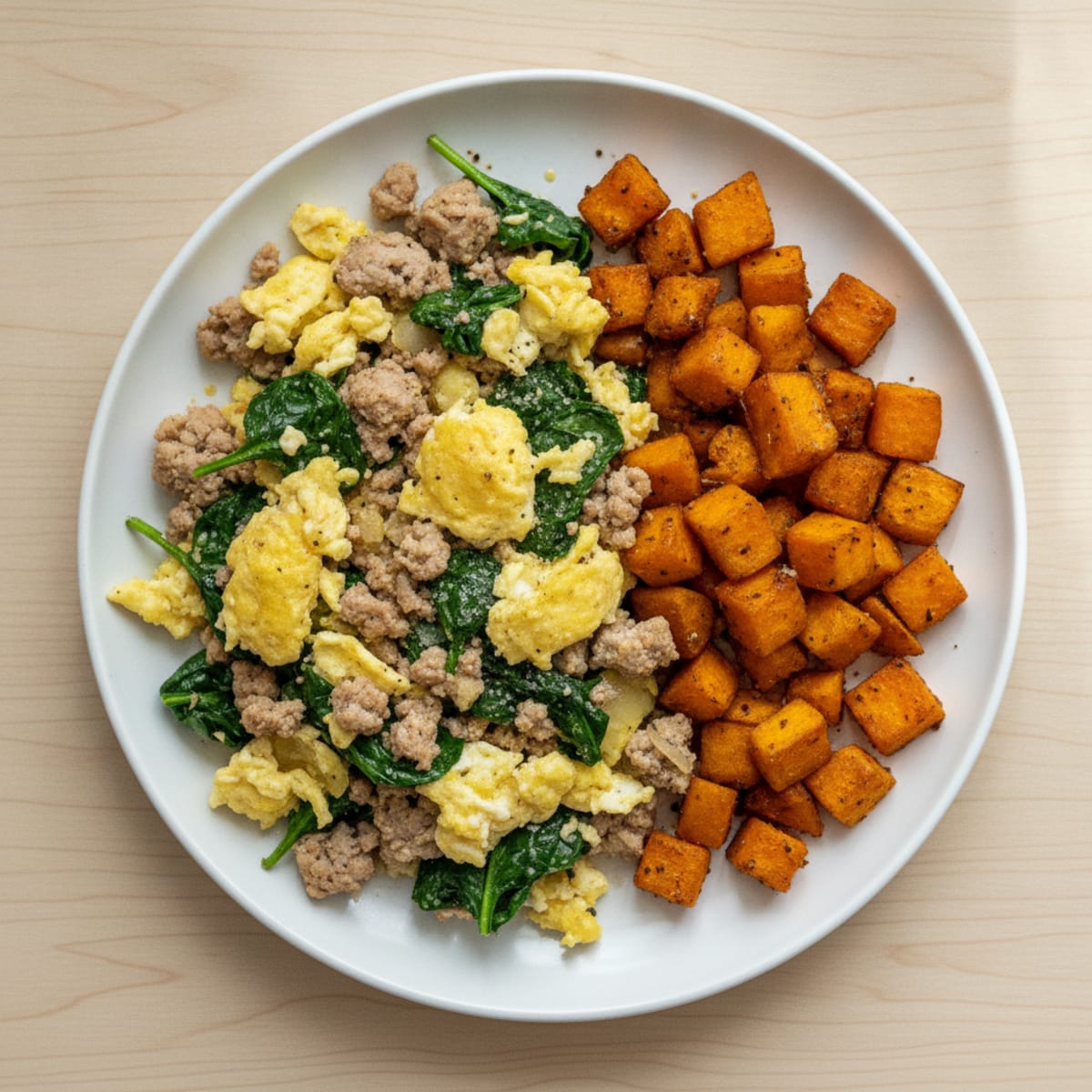 Turkey Spinach Scramble with Sweet Potato Hash