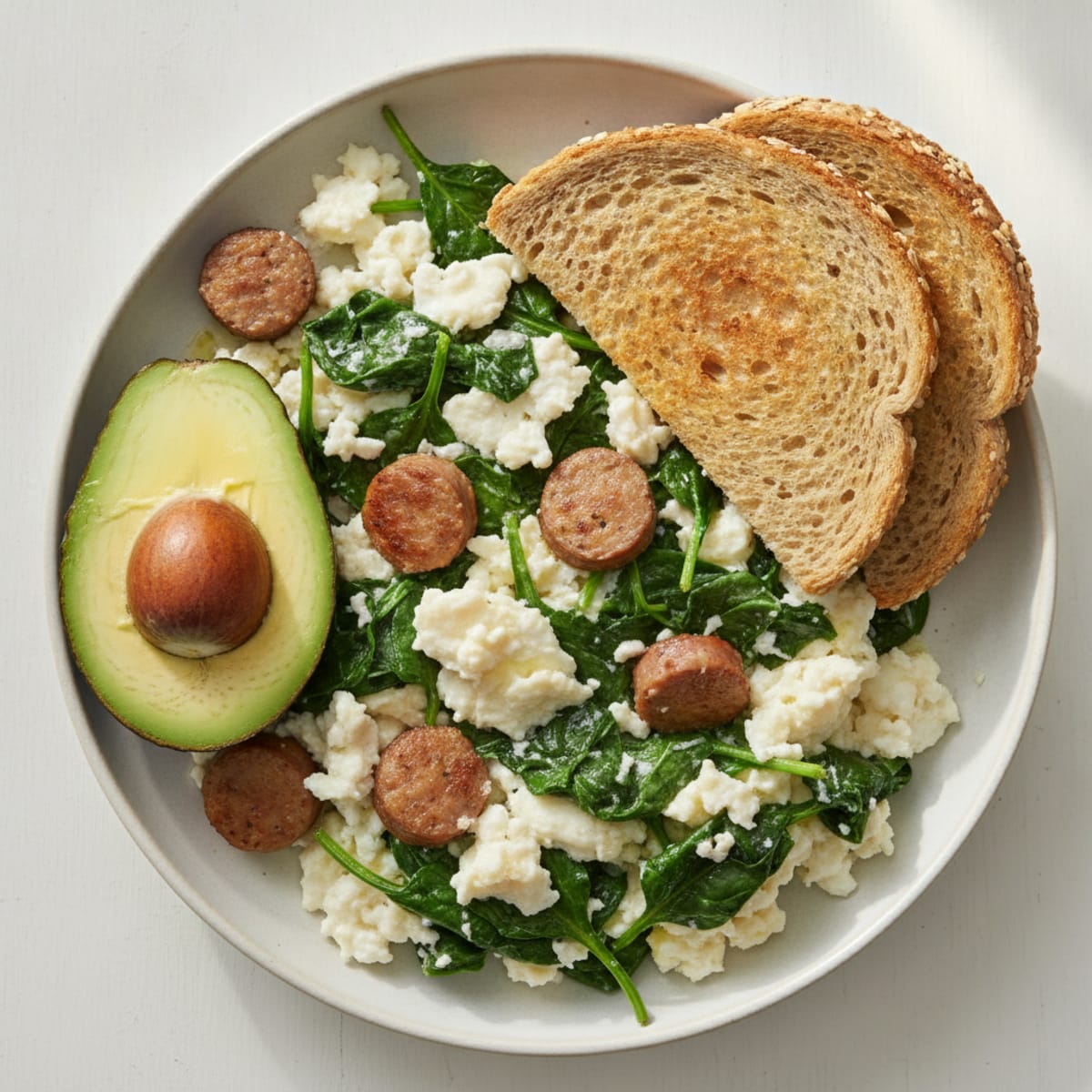 Egg White Scramble with Turkey Sausage and Sautéed Spinach