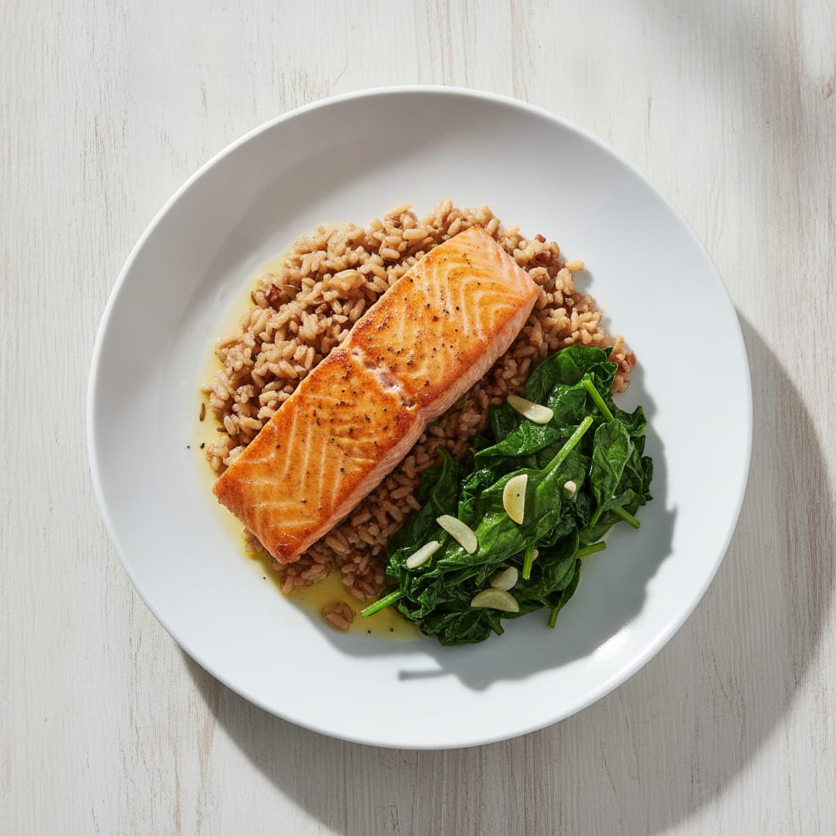 Seared Salmon with Garlic Spinach and Brown Rice