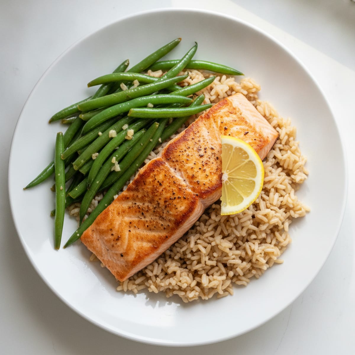 Seared Salmon Fillet with Garlic Green Beans and Brown Rice