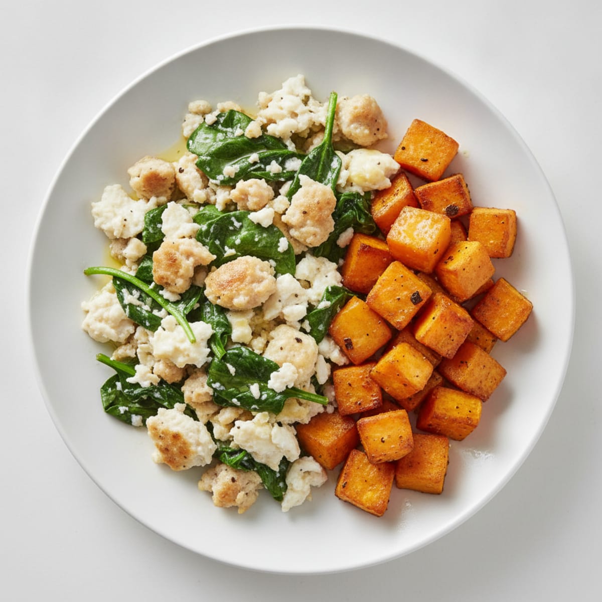 Egg White and Turkey Sausage Scramble with Spinach and Roasted Sweet Potato