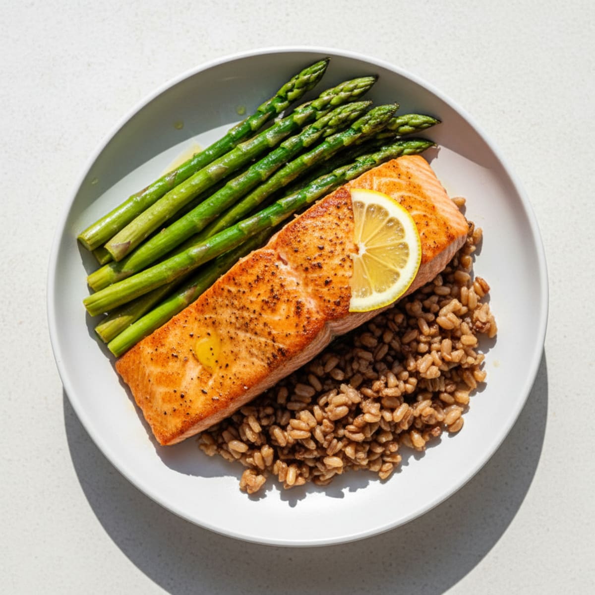 Seared Salmon with Steamed Asparagus and Brown Rice