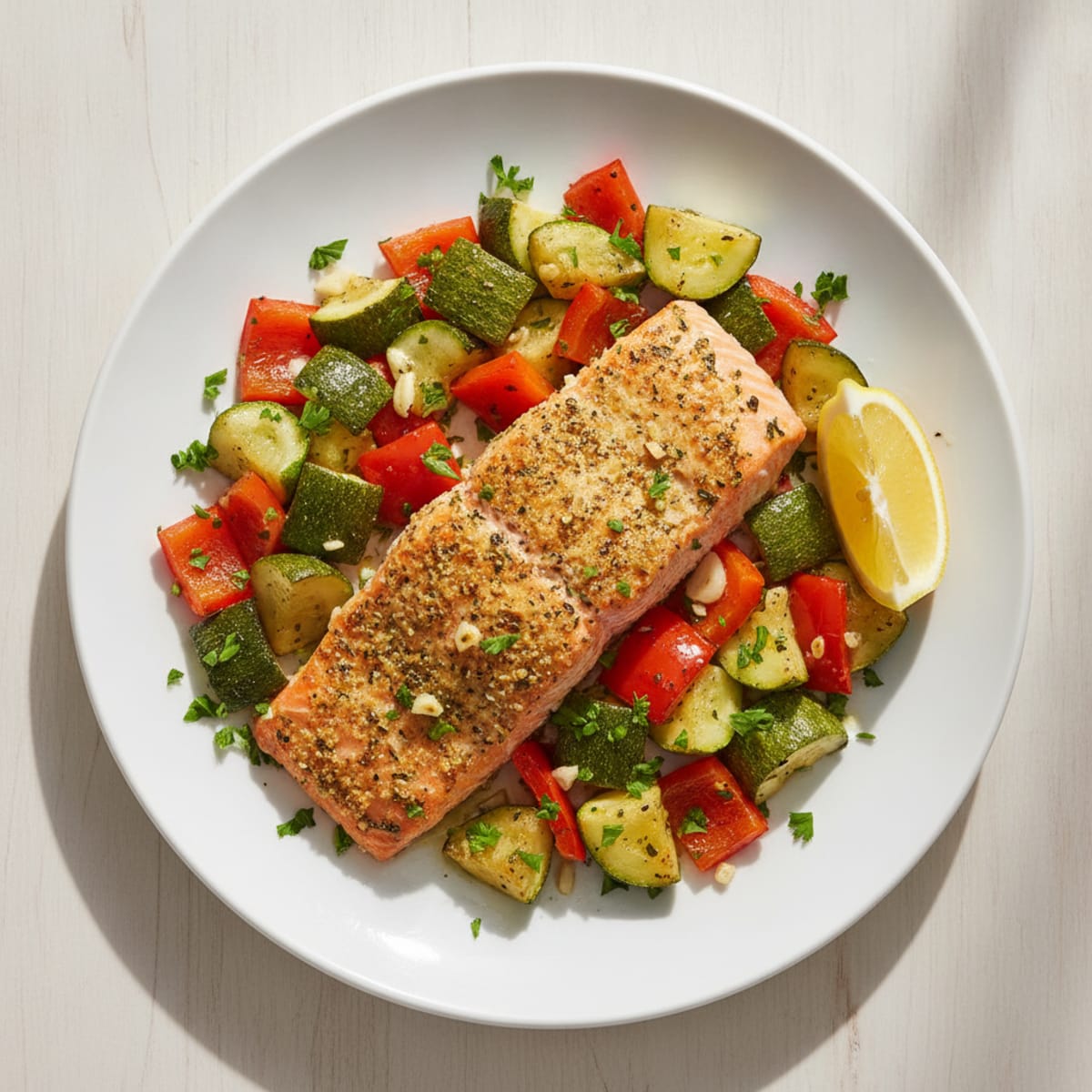 Herb-Roasted Salmon with Roasted Zucchini and Bell Peppers