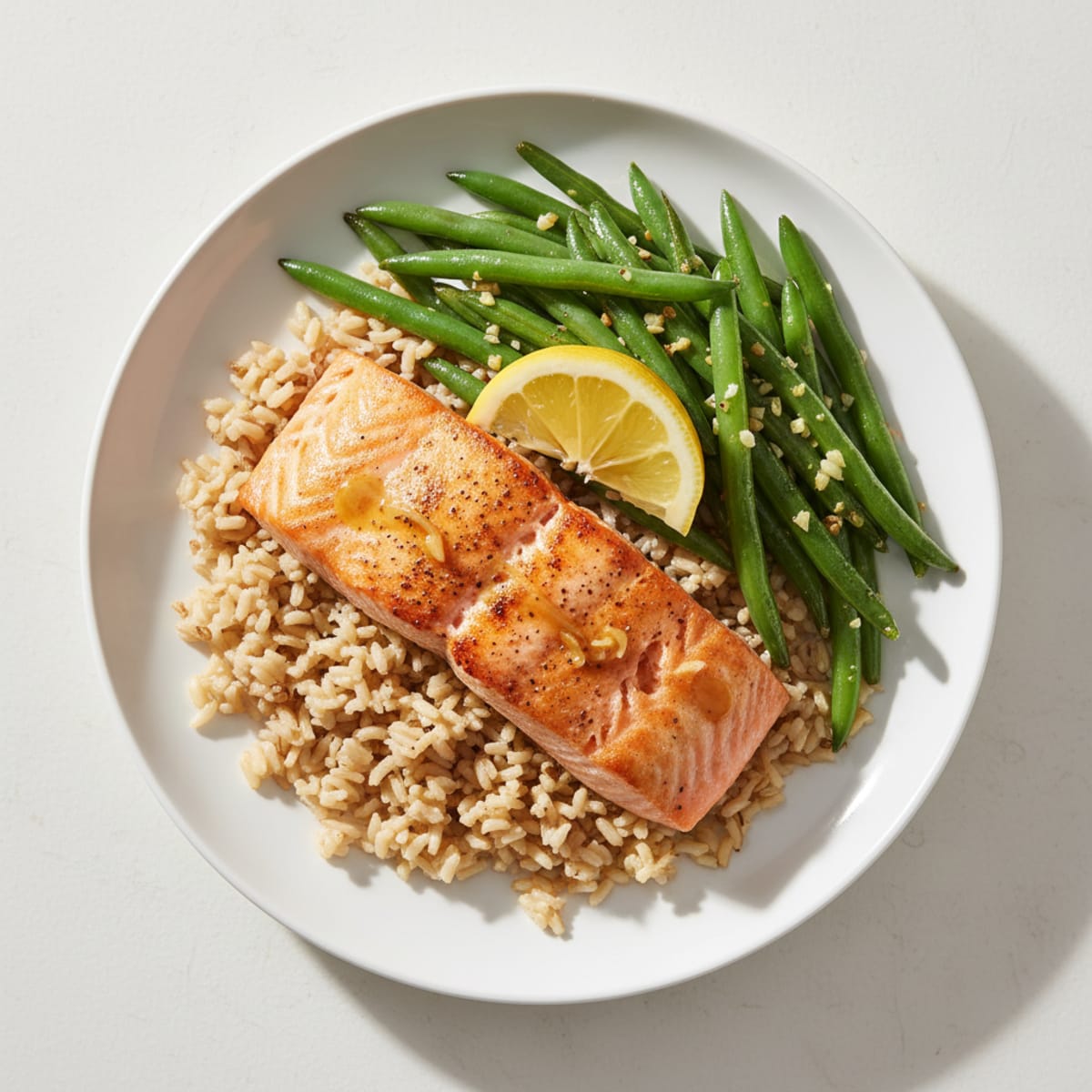 Seared Salmon with Garlic Green Beans and Brown Rice