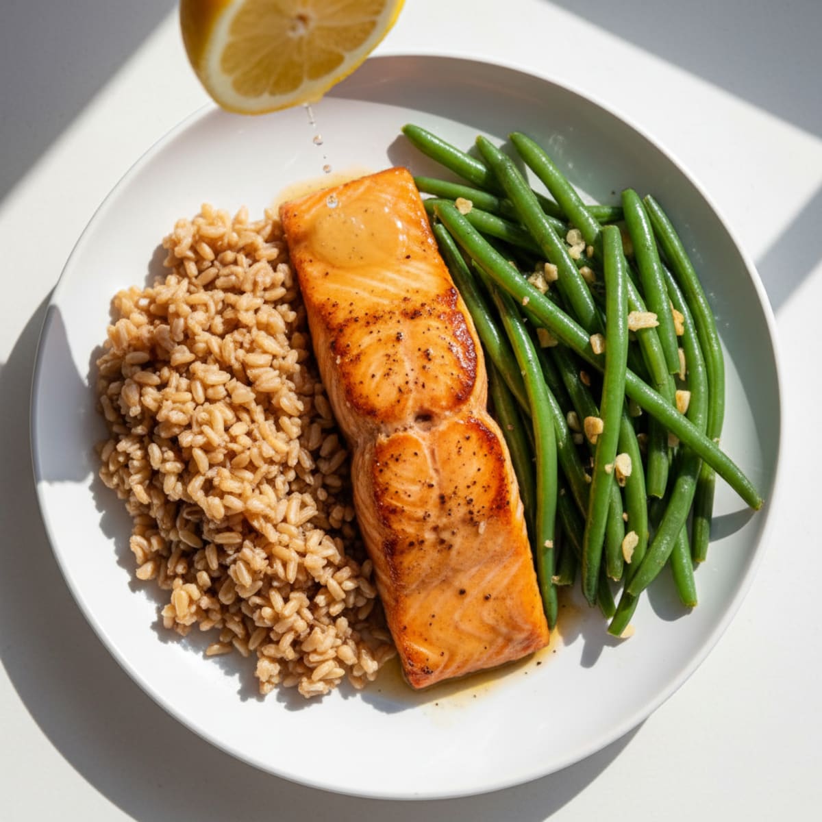 Seared Salmon Fillet with Garlic Green Beans and Brown Rice