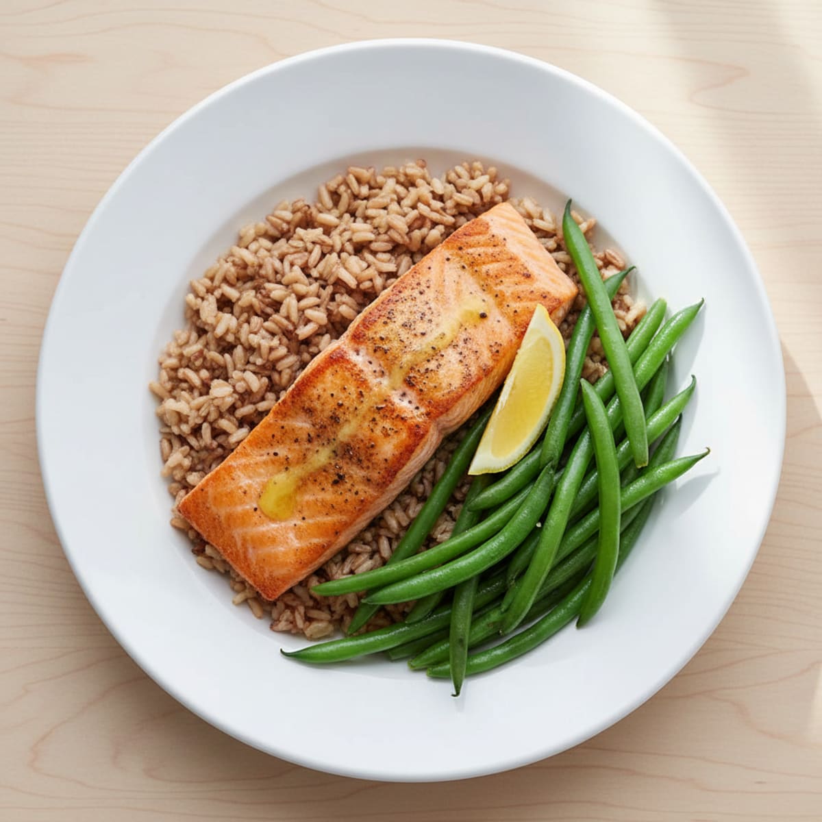 Seared Salmon Fillet with Steamed Green Beans and Brown Rice