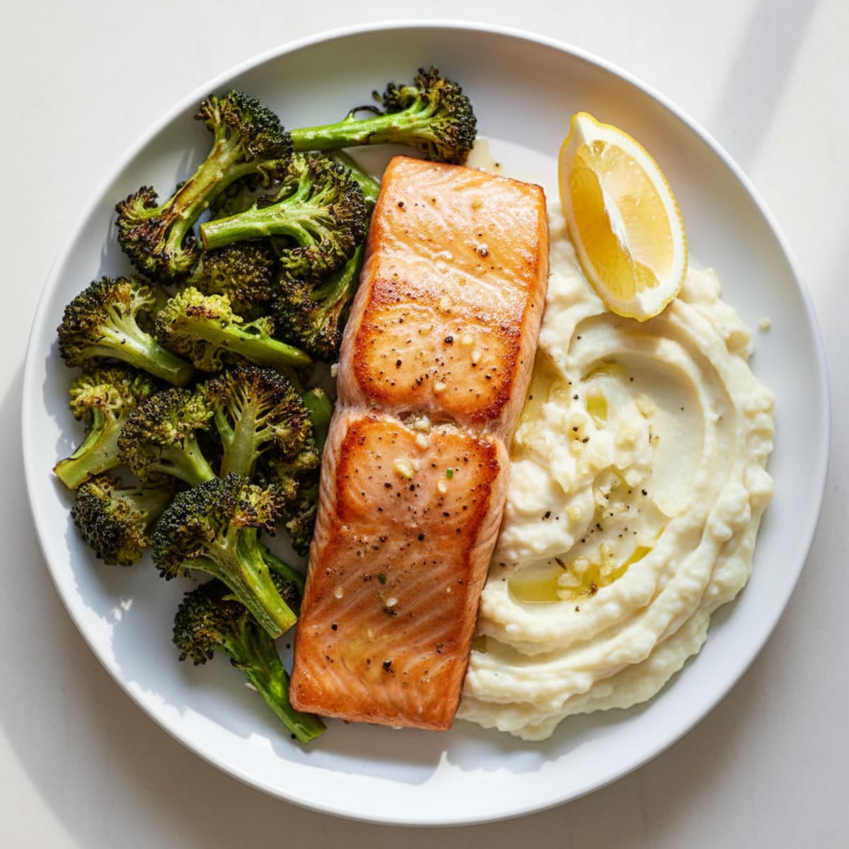 Seared Salmon with Roasted Broccoli and Garlic Mashed Cauliflower