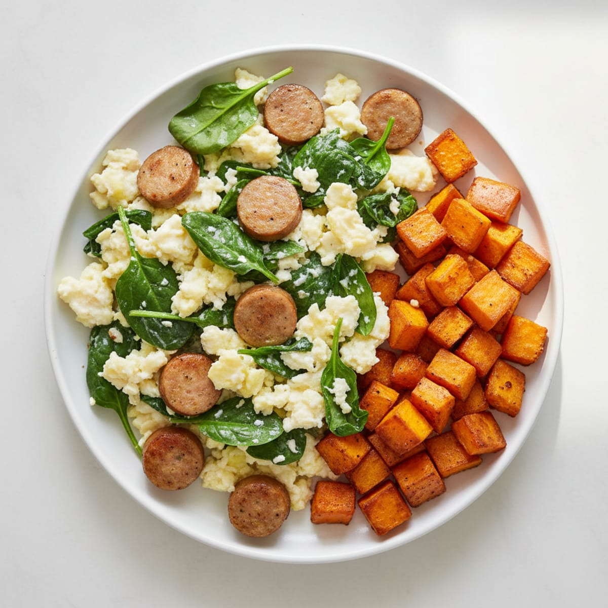 Egg White and Turkey Sausage Scramble with Spinach and Roasted Sweet Potato