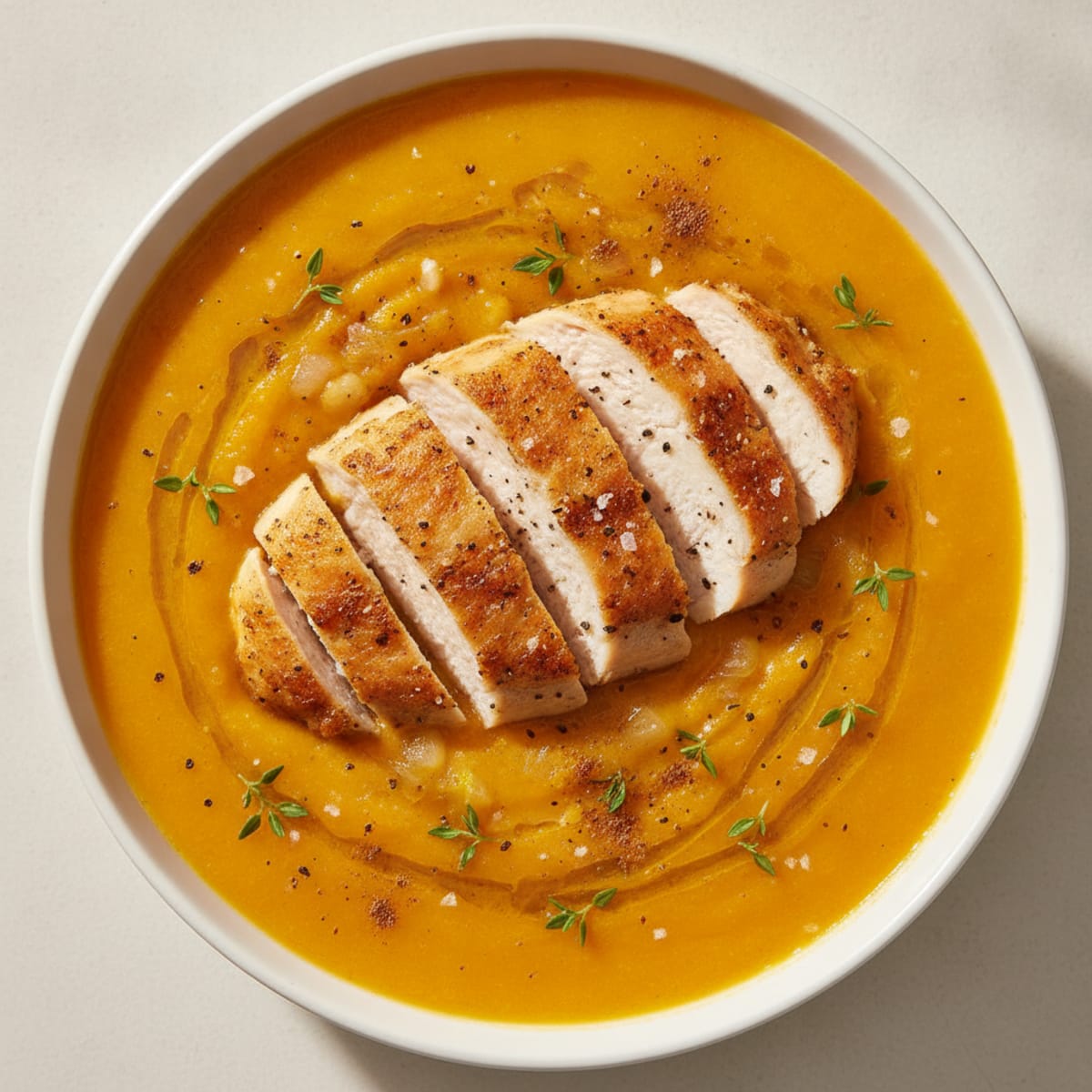 Roasted Butternut Squash Soup with Herb-Crusted Chicken