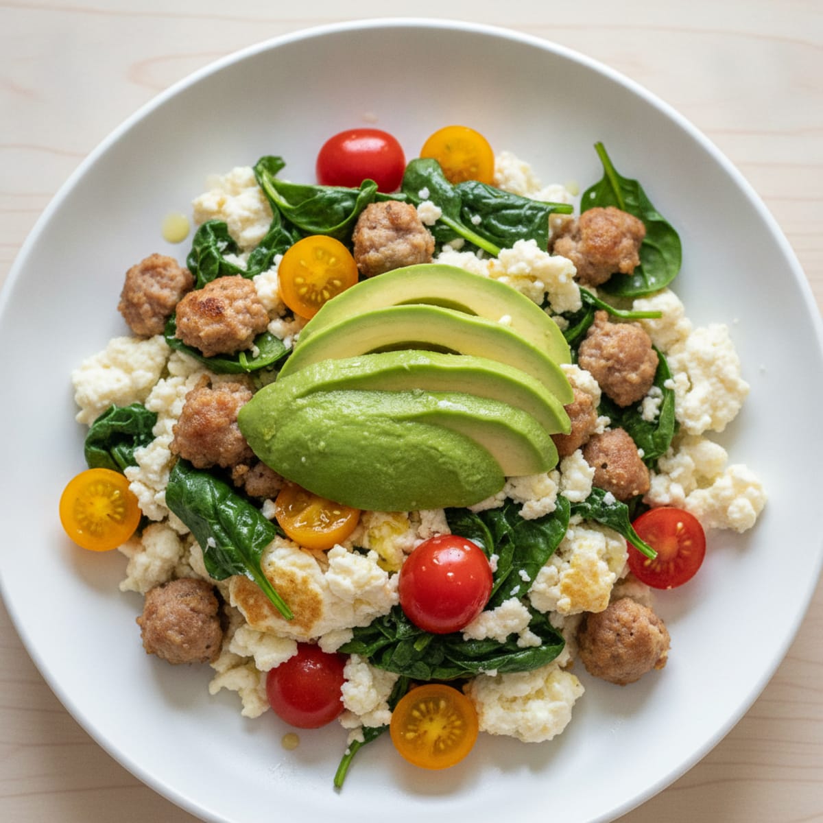 Egg White Spinach Scramble with Turkey Sausage
