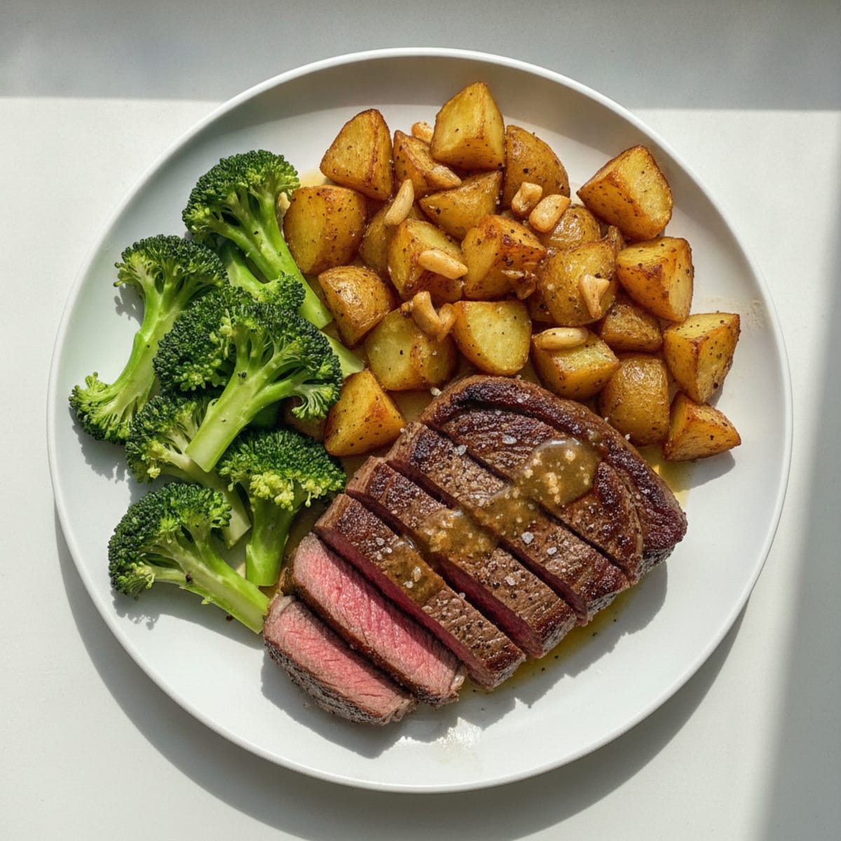 Pan-Seared Sirloin Steak with Garlic Roasted Potatoes and Steamed Broccoli