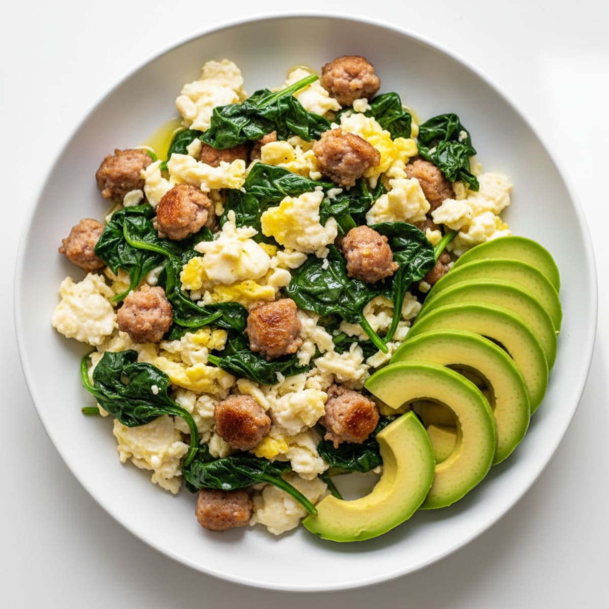 Egg White Scramble with Turkey Sausage and Sautéed Spinach