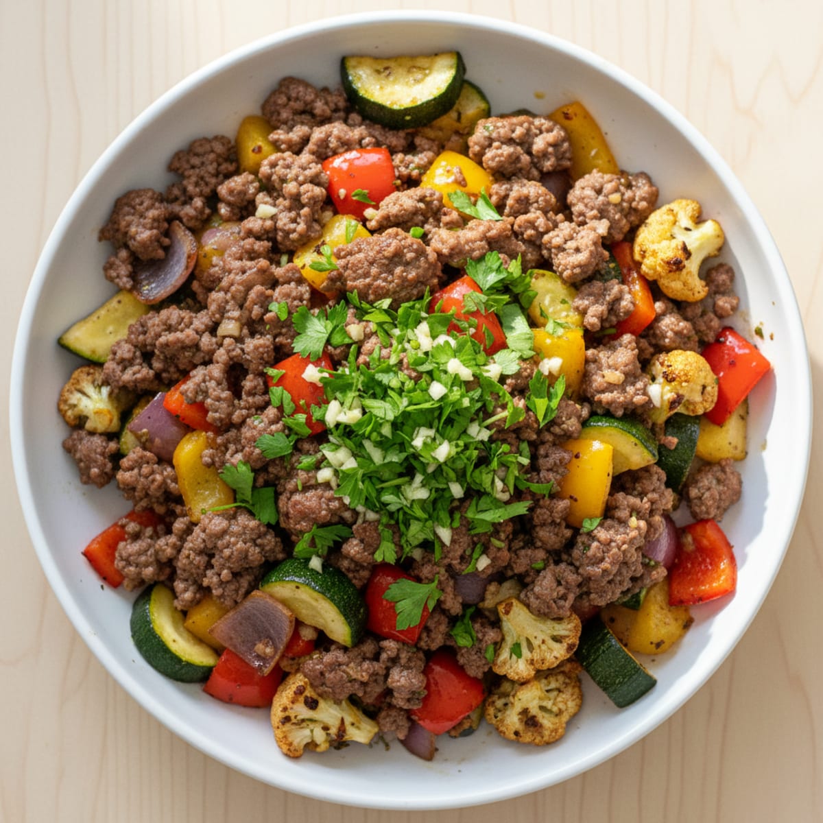 Ground Beef and Roasted Vegetable Bowl with Fresh Herbs