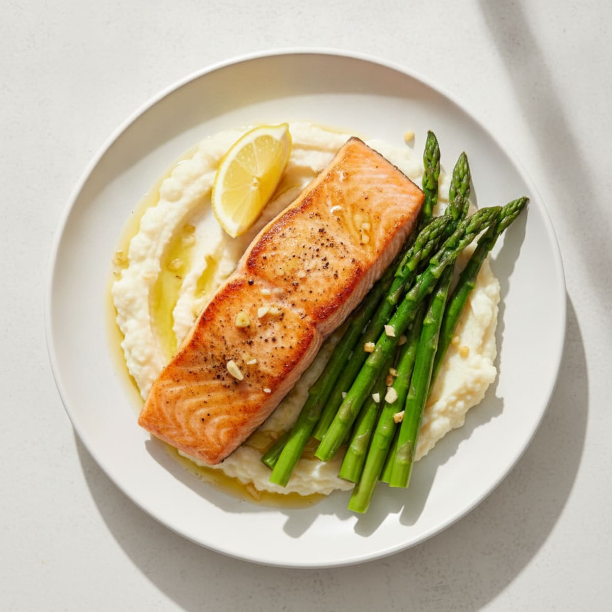 Seared Salmon with Steamed Asparagus and Cauliflower Mash