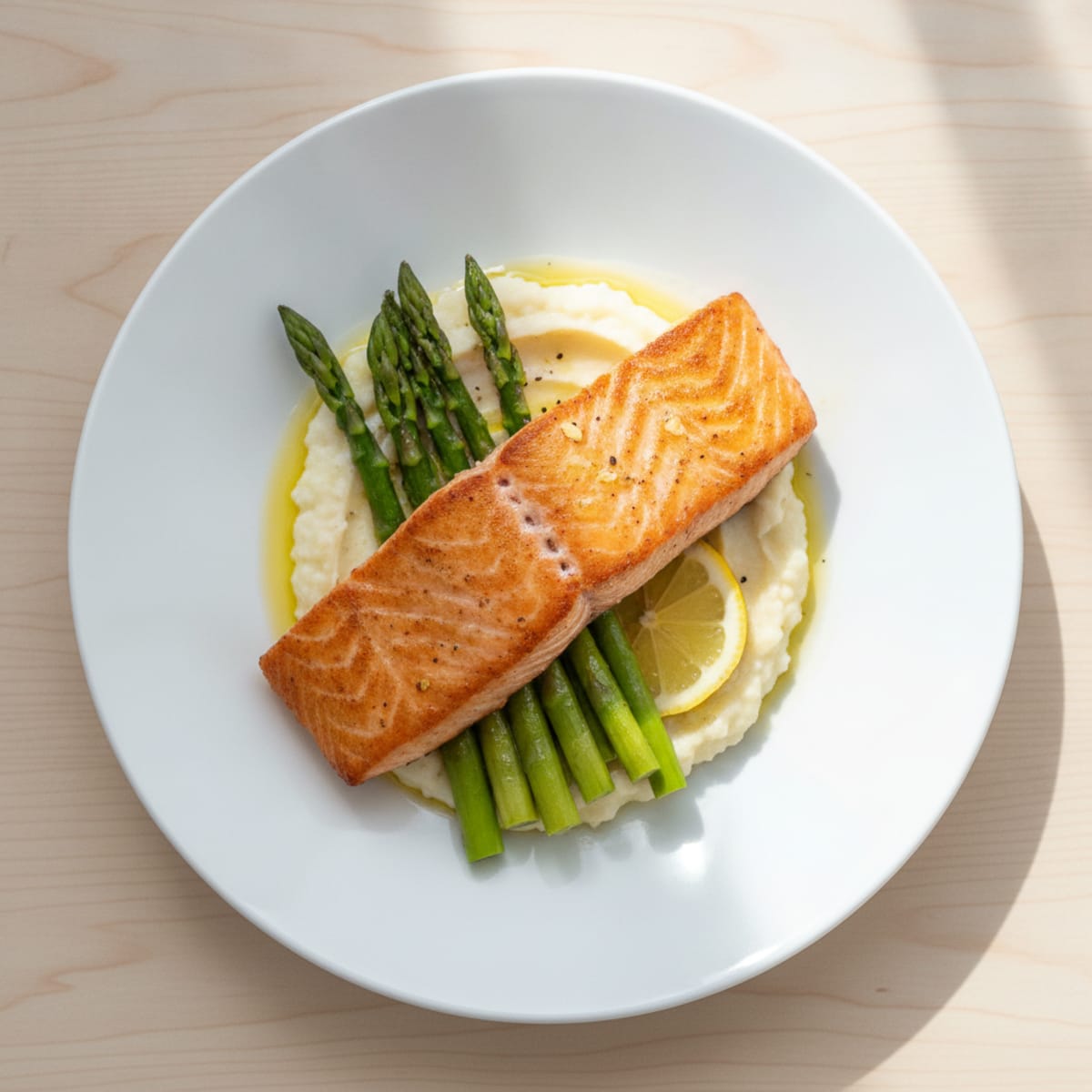 Seared Salmon Fillet with Steamed Asparagus and Garlic Cauliflower Mash