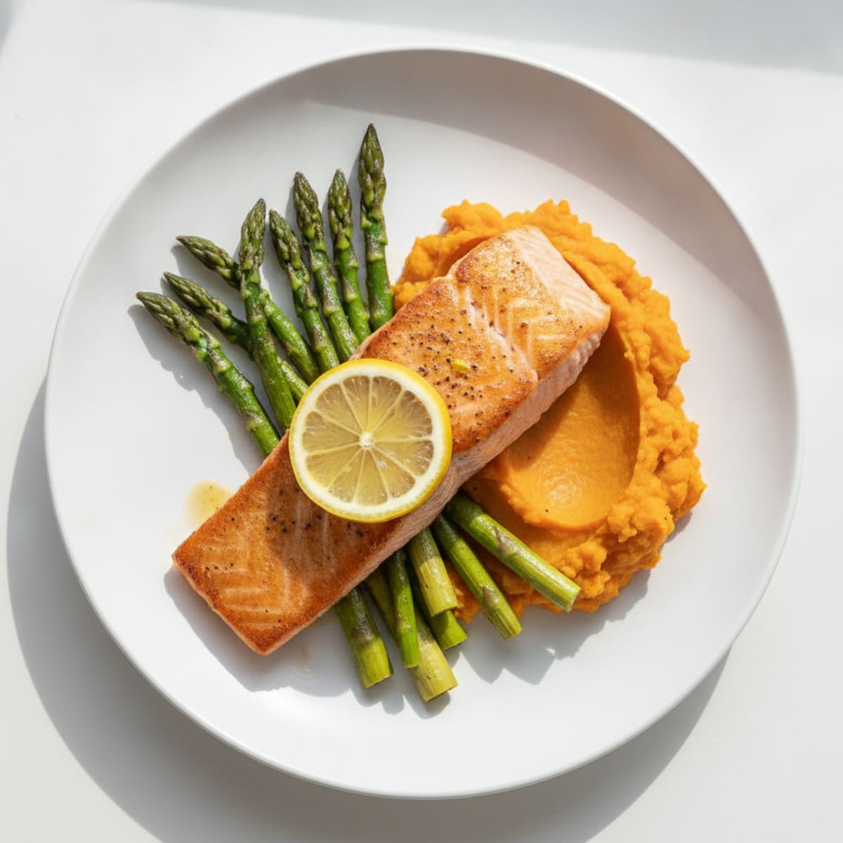 Seared Salmon with Roasted Asparagus and Sweet Potato Mash