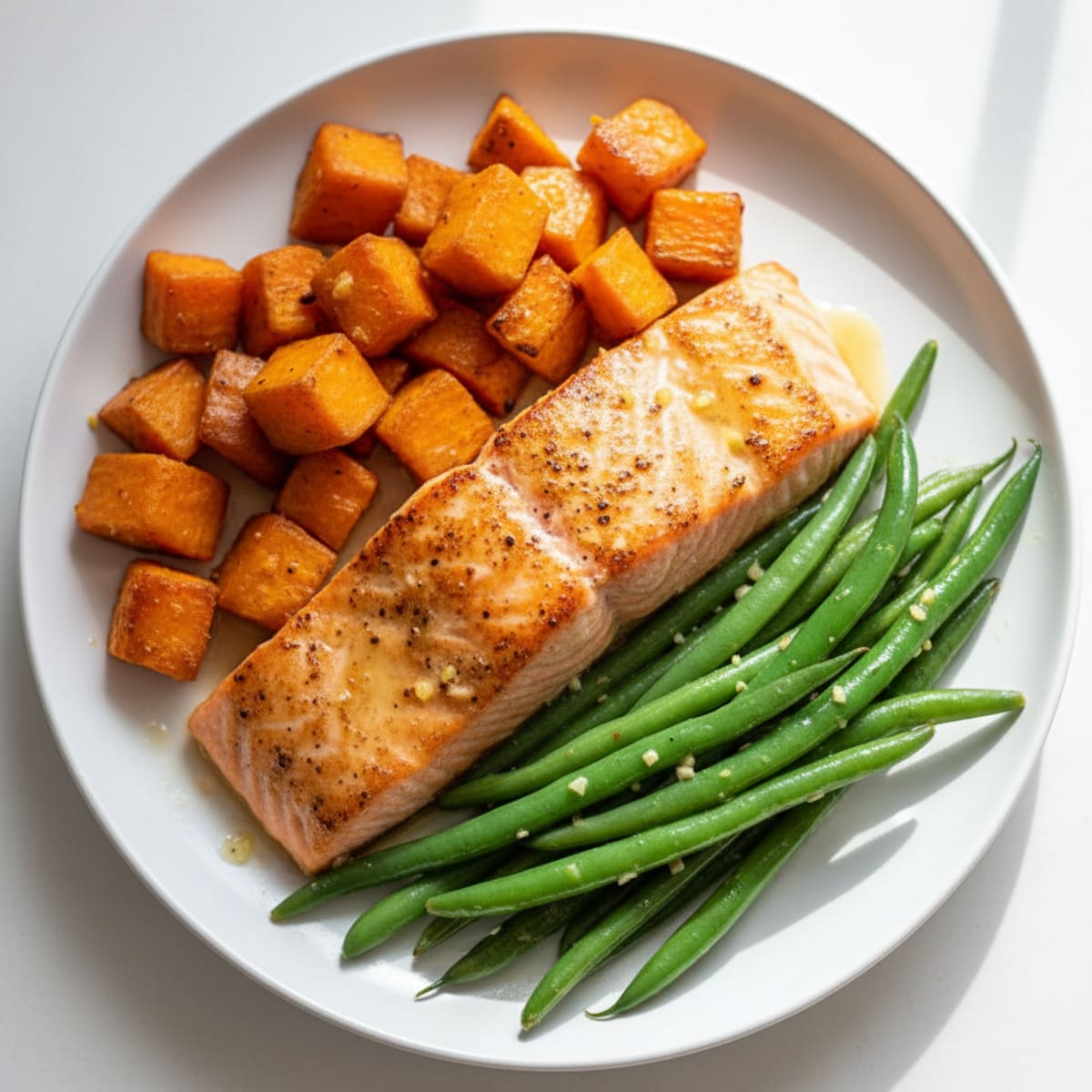 Seared Salmon with Roasted Sweet Potato and Sautéed Green Beans