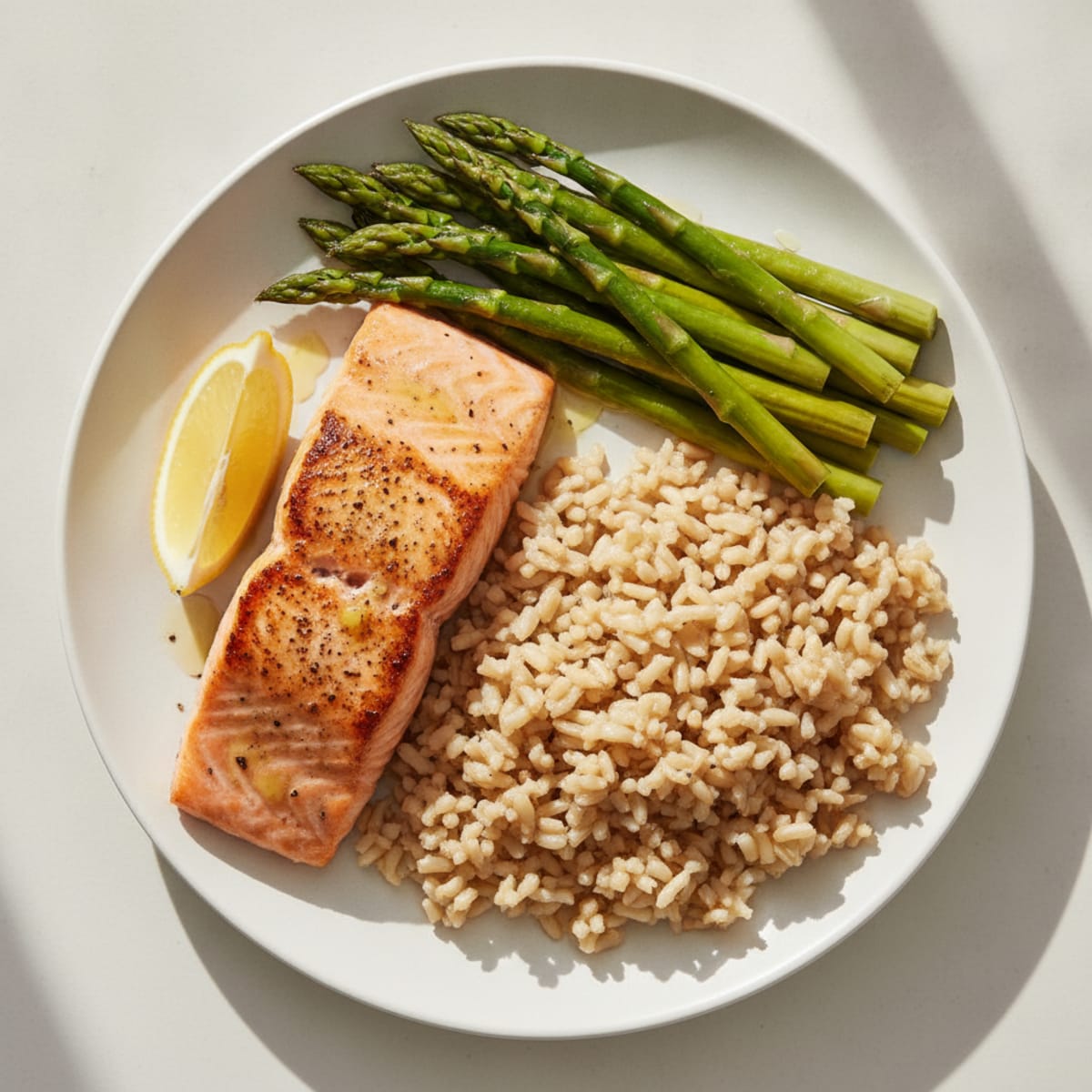 Seared Salmon with Steamed Asparagus and Brown Rice