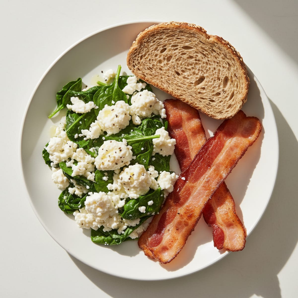 Egg White and Spinach Scramble with Cottage Cheese and Turkey Bacon