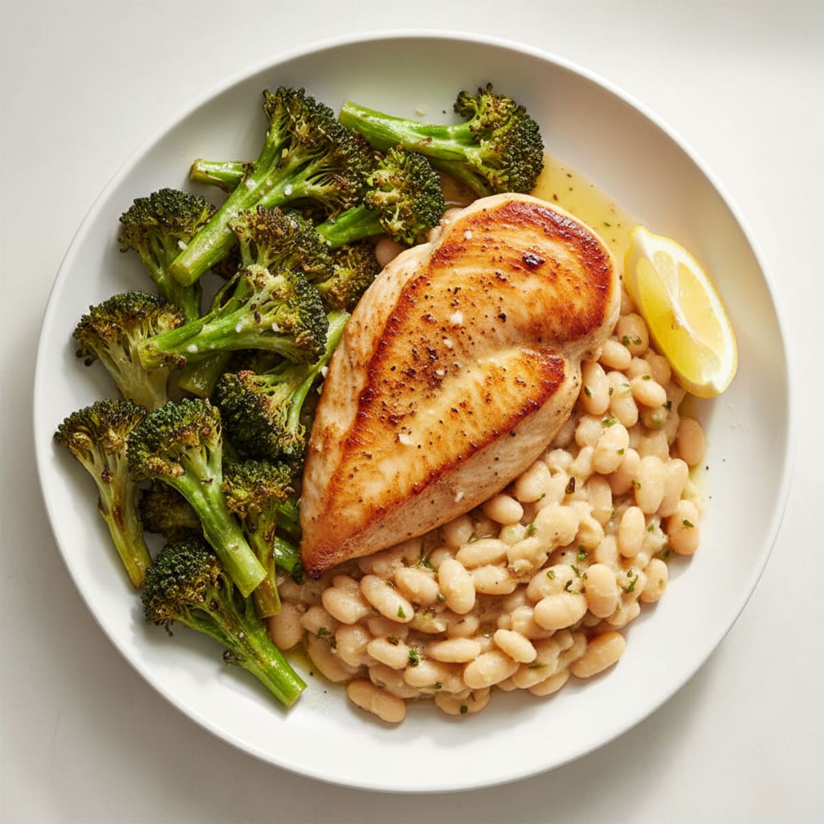 Seared Chicken Breast with Roasted Broccoli and Creamy White Beans