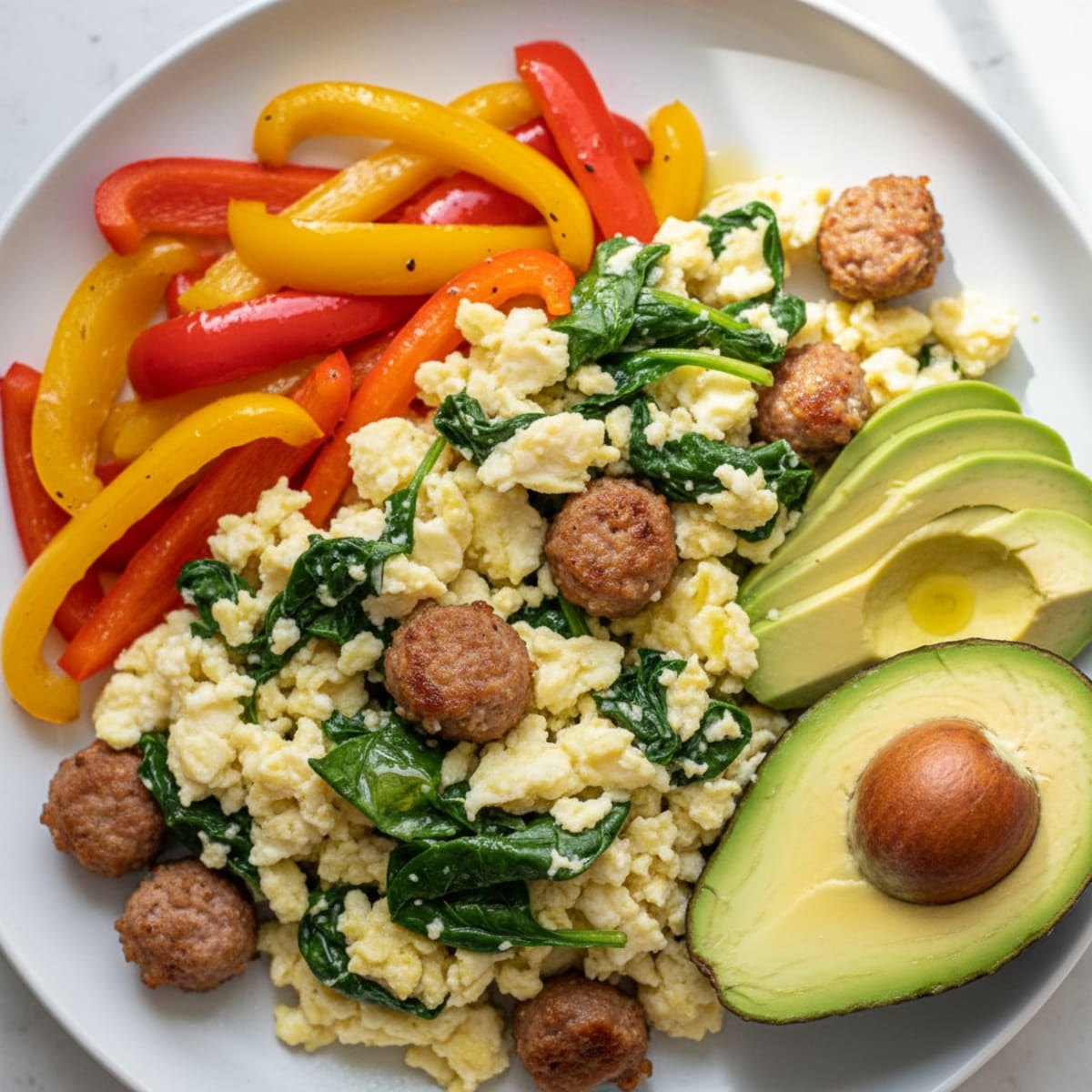 Egg White Spinach Scramble with Turkey Sausage and Sautéed Peppers