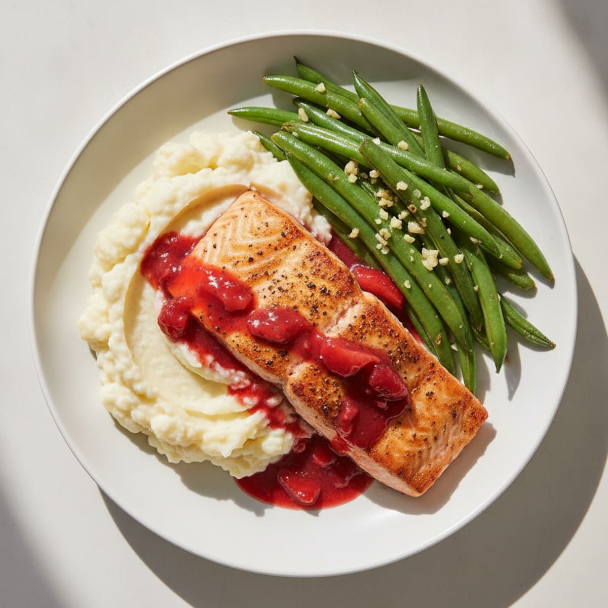 Seared Salmon with Garlic Green Beans and Mashed Cauliflower