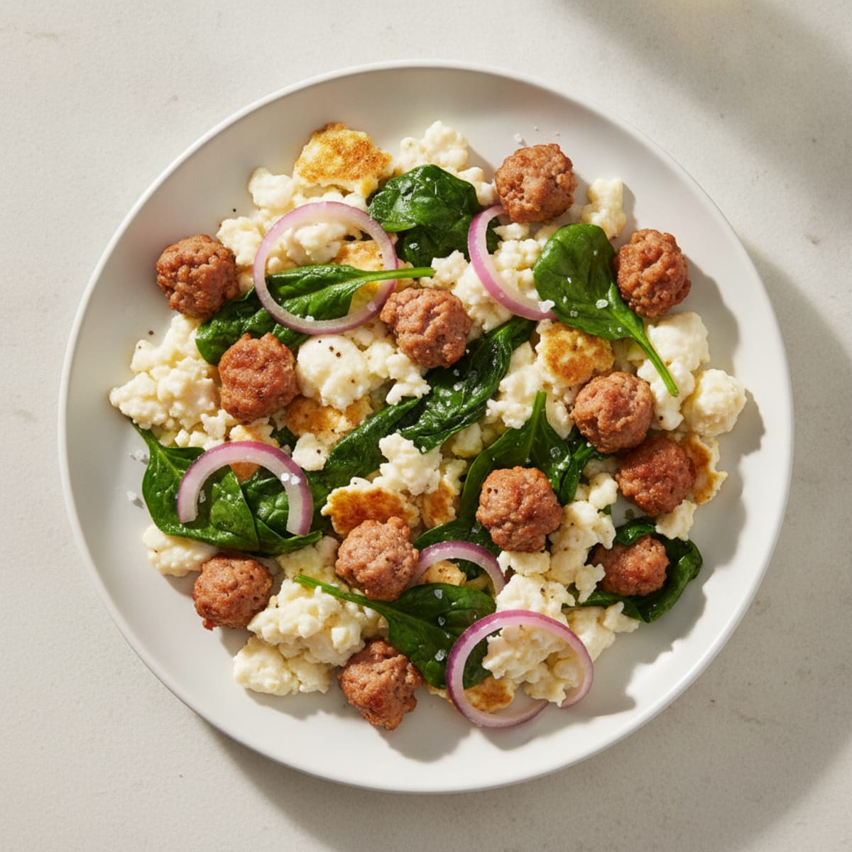 Egg White Scramble with Turkey Sausage and Sautéed Spinach