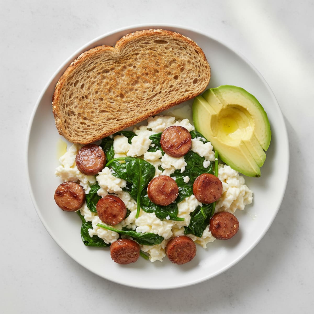 Egg White Spinach Scramble with Turkey Sausage