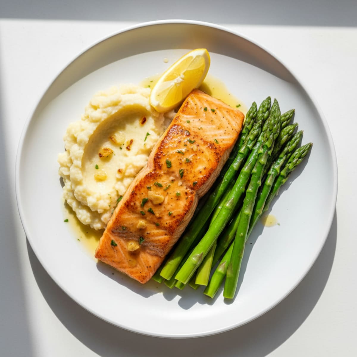 Seared Salmon with Steamed Asparagus and Garlic Cauliflower Mash