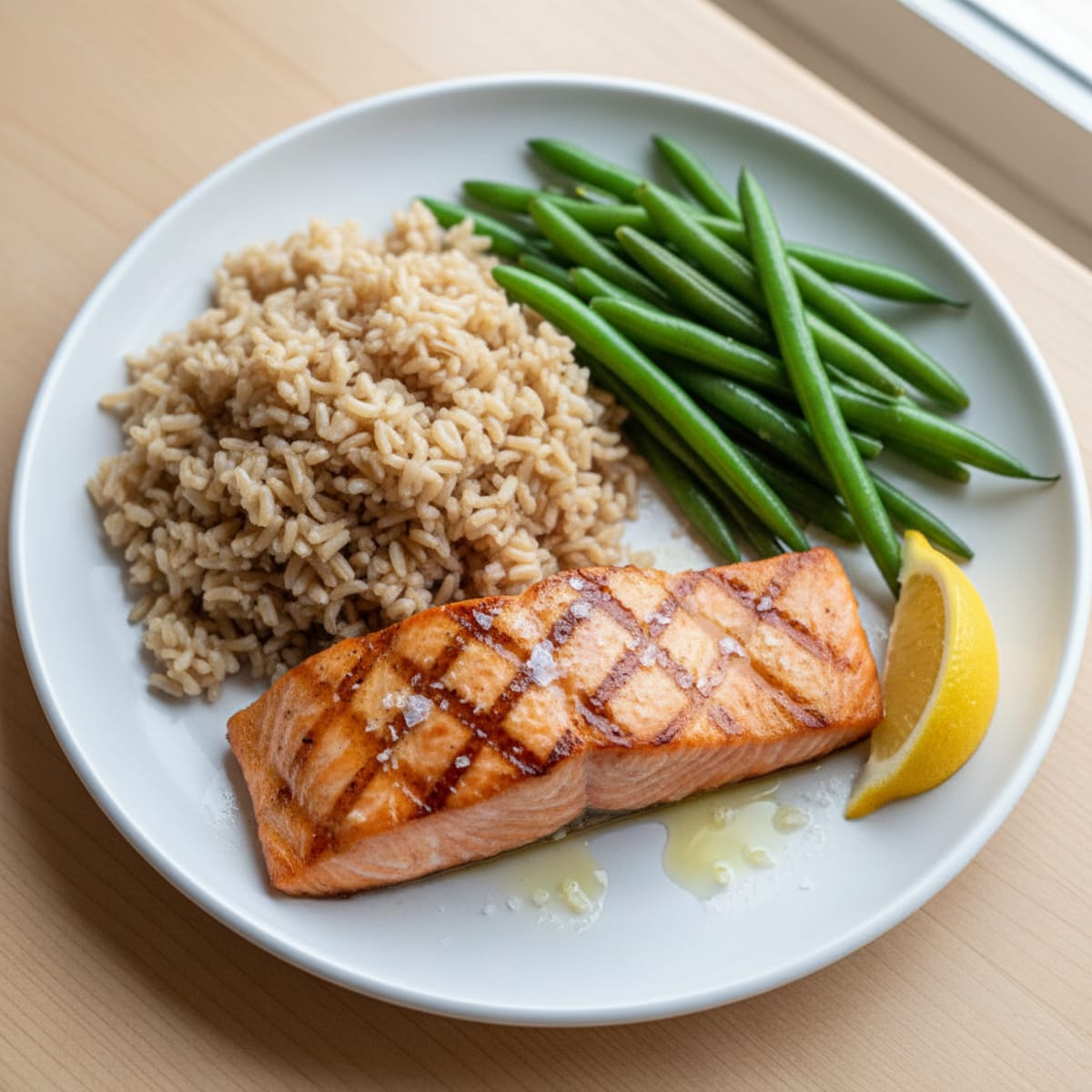 Seared Salmon Fillet with Steamed Green Beans and Brown Rice