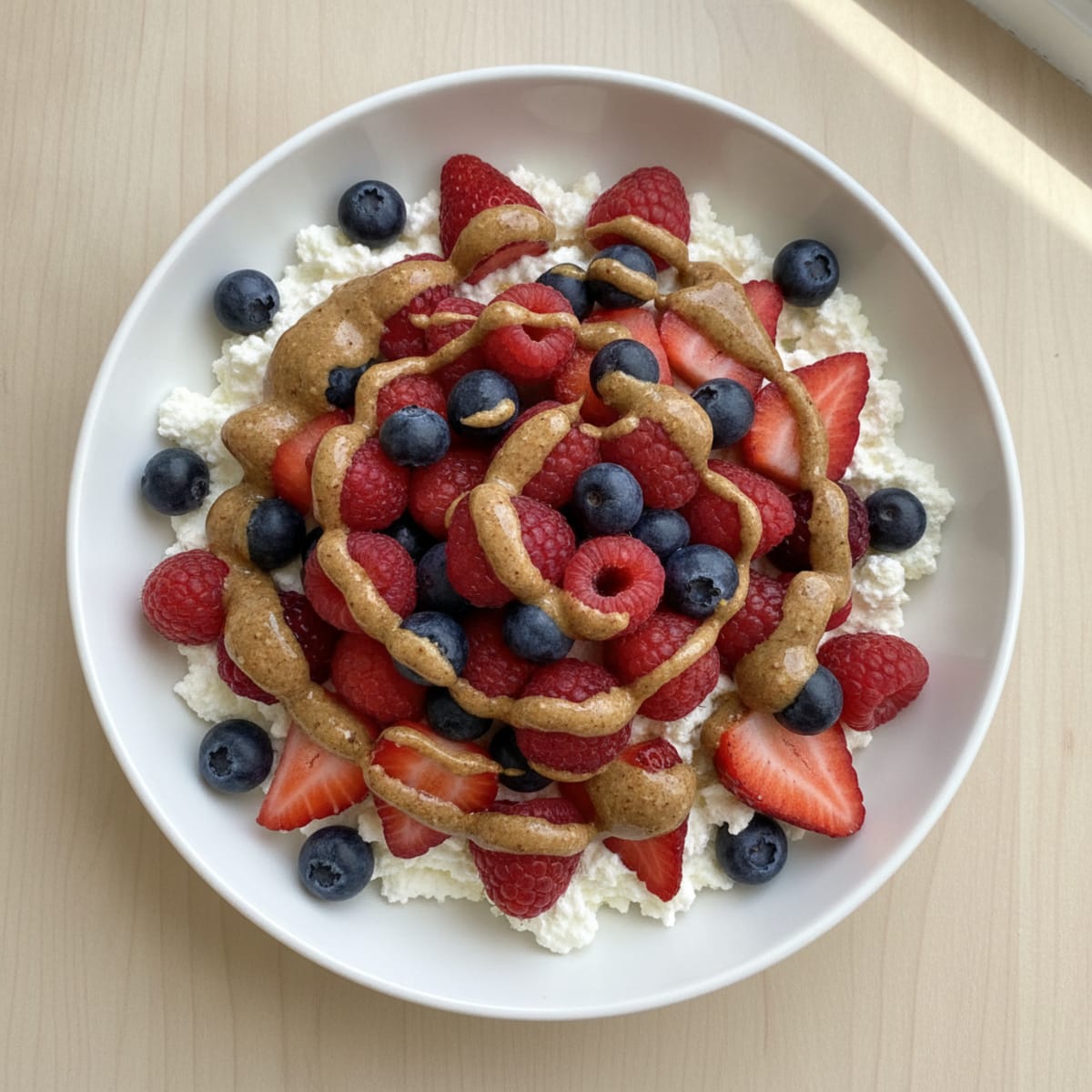 Cottage Cheese Protein Bowl with Mixed Berries and Almond Butter