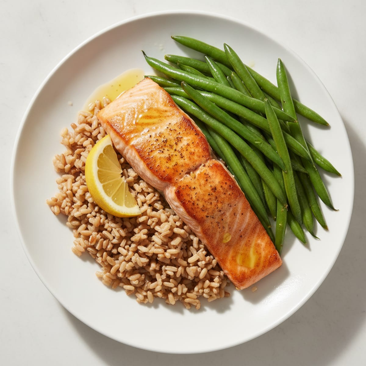 Seared Salmon with Steamed Green Beans and Brown Rice