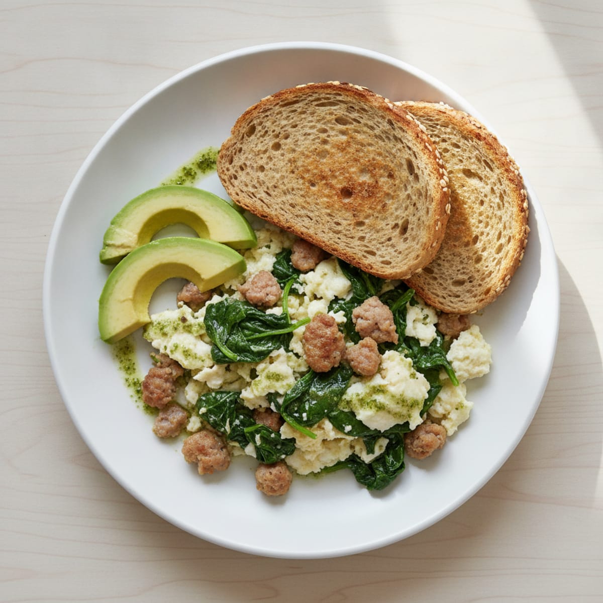 Egg White Scramble with Turkey Sausage and Sautéed Spinach