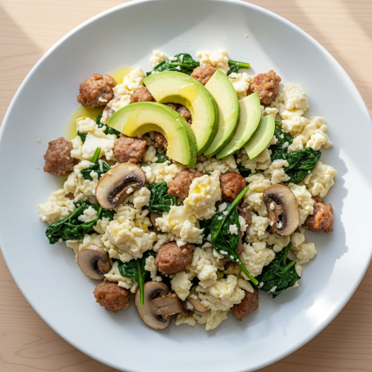 Egg White and Turkey Sausage Scramble with Spinach and Sautéed Mushrooms