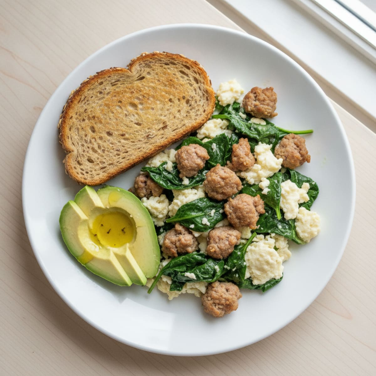 Egg White and Spinach Scramble with Turkey Sausage