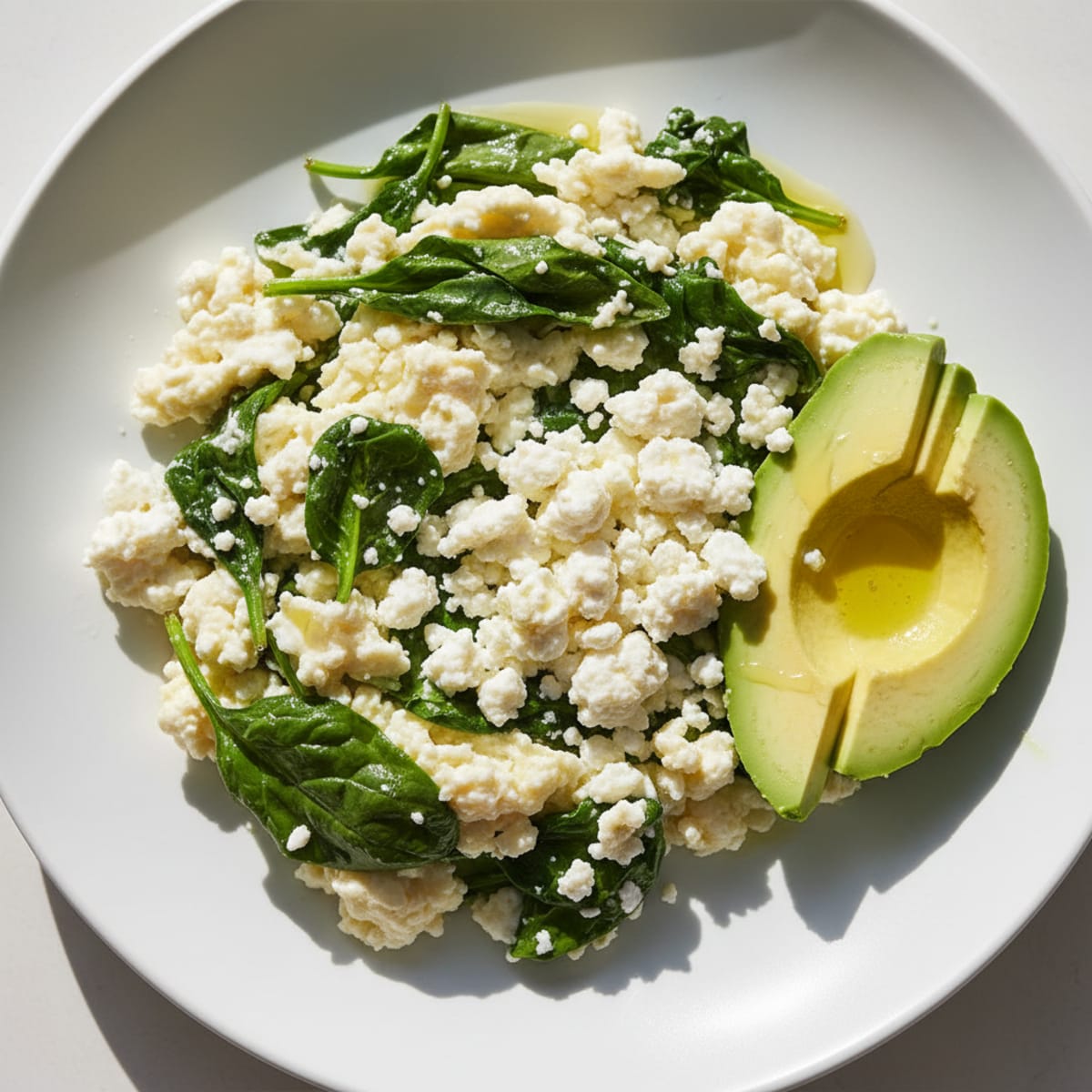 Egg White Spinach Scramble with Cottage Cheese and Sliced Avocado