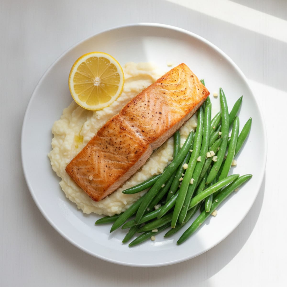 Seared Salmon with Garlic Green Beans and Cauliflower Mash