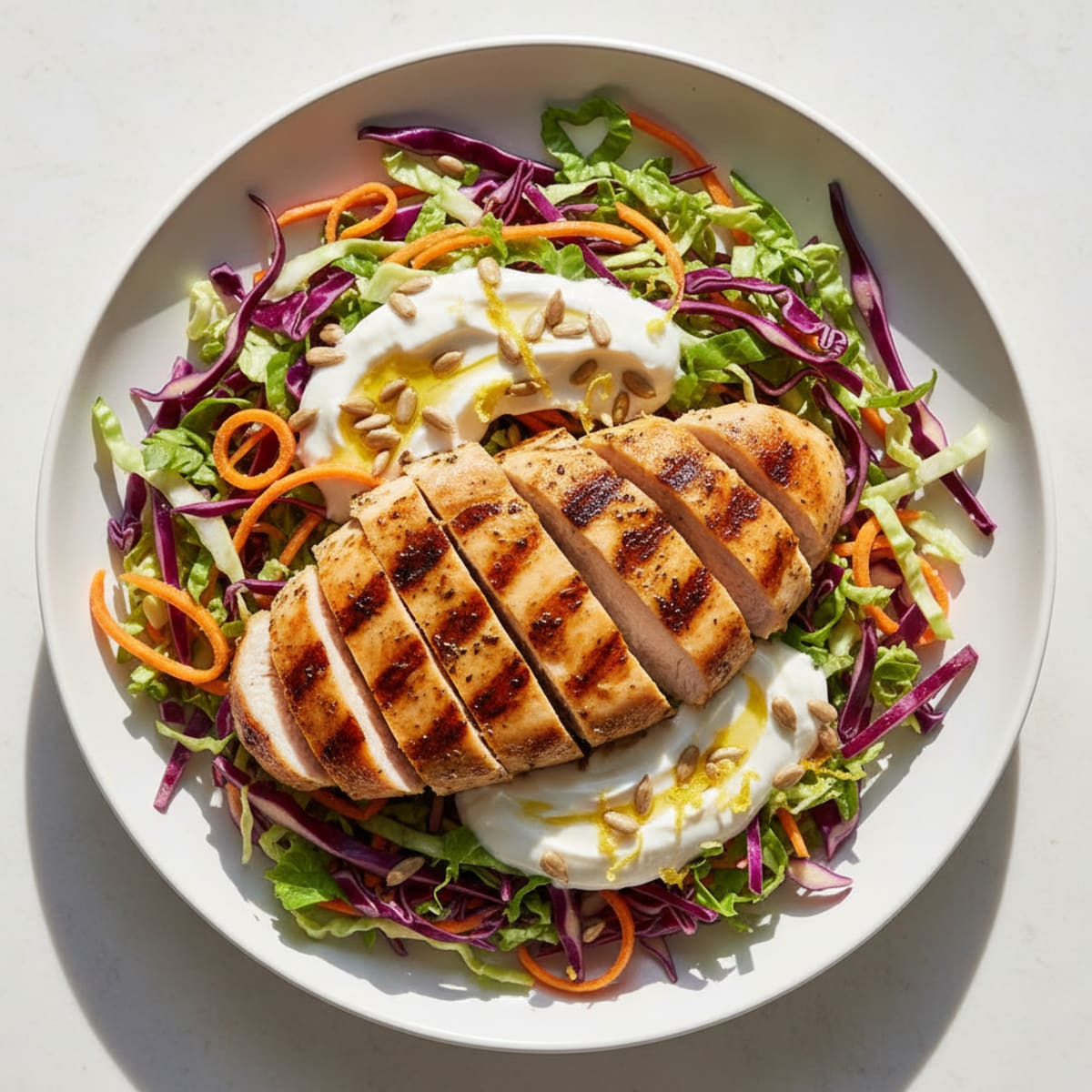 Grilled Chicken Breast with Crunchy Cabbage Salad and Greek Yogurt Dressing