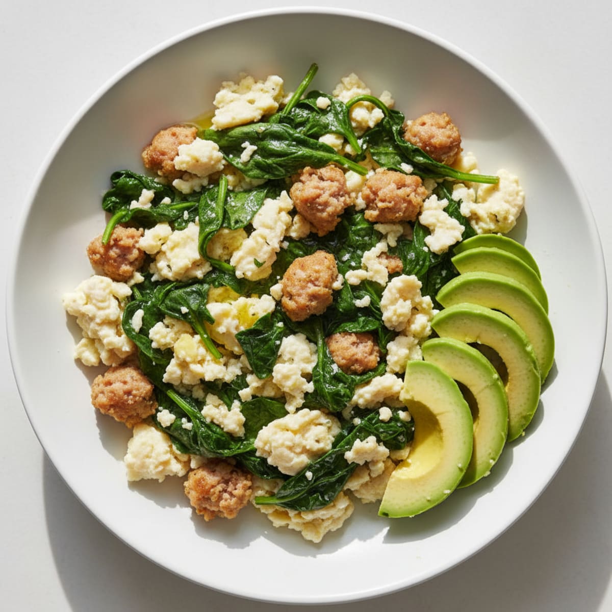 Egg White Scramble with Turkey Sausage and Sautéed Spinach