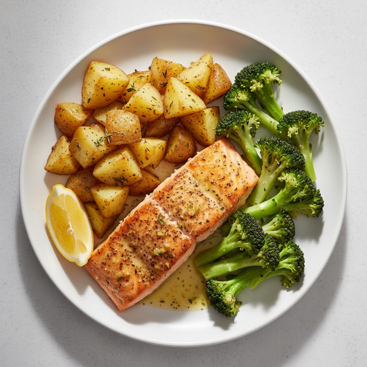 Seared Salmon with Roasted Potatoes and Steamed Broccoli
