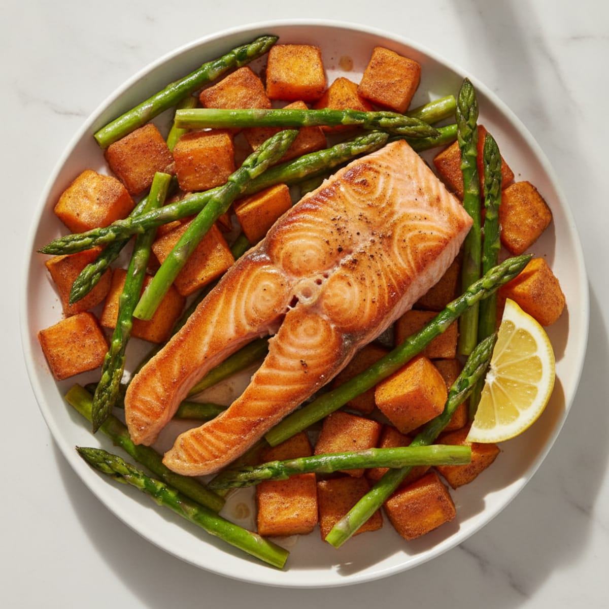Seared Salmon with Roasted Sweet Potato and Asparagus