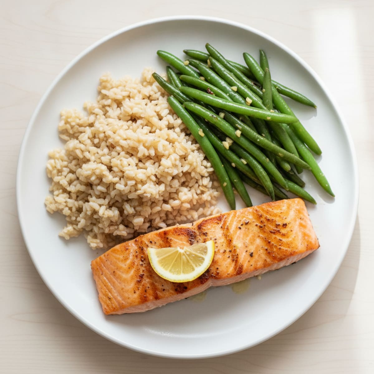 Seared Salmon with Garlic Green Beans and Brown Rice