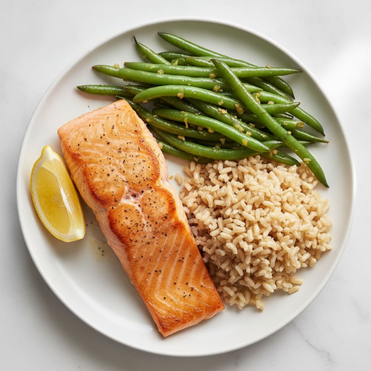 Seared Salmon with Garlic Green Beans and Brown Rice