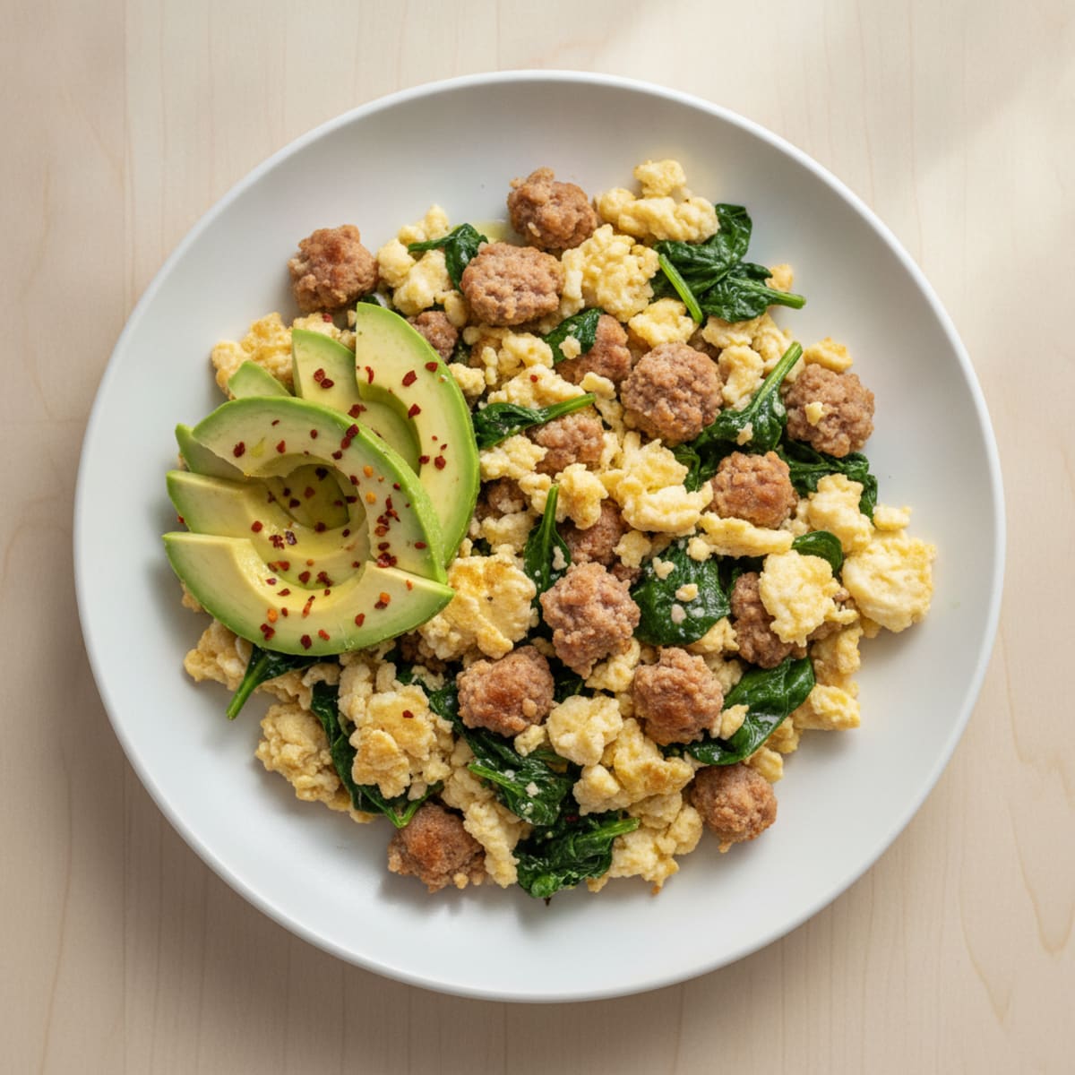 Egg White Scramble with Turkey Sausage and Sautéed Spinach